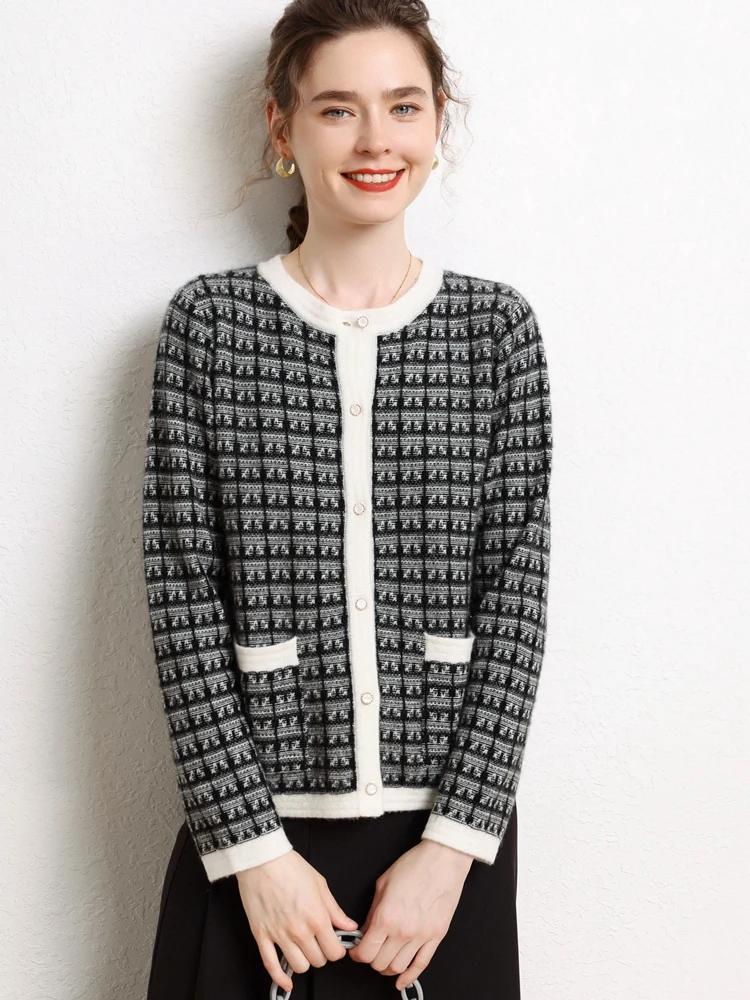 Новые шикарные женские свитера из чистого кашемира, осенне-зимний теплый клетчатый кардиган с v-образным вырезом, 100% кашемировый трикотаж, топы в винтажном стиле