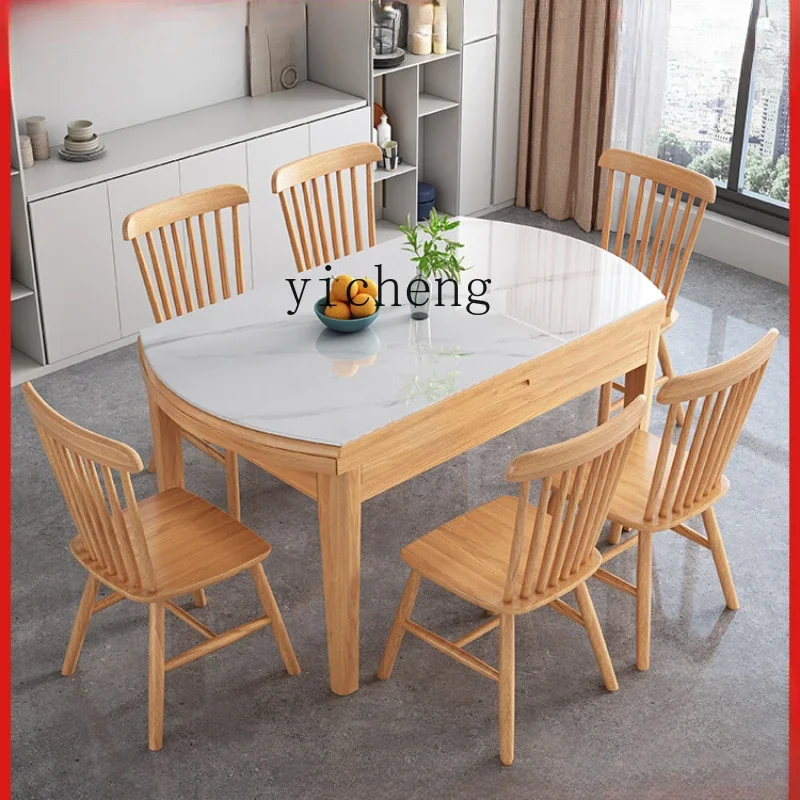 

Solid Wood Stone Plate Dining Tables and Chairs Set Household Modern Minimalist Collapsible round Table