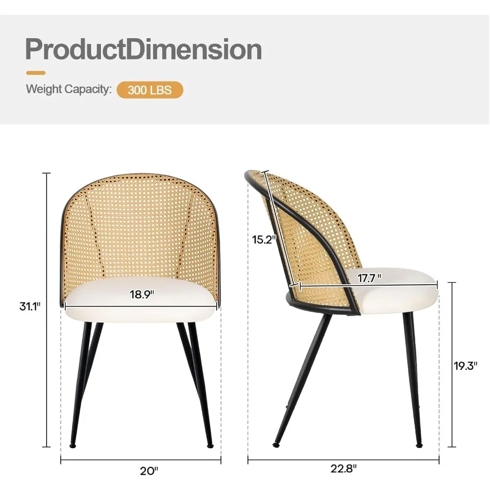 Set Kursi Makan 6 Buah Bergaya Mid-Century Modern dengan Sandaran Rotan, Jok Kulit Imitasi, dan Lengan Bergaya Farmhouse
