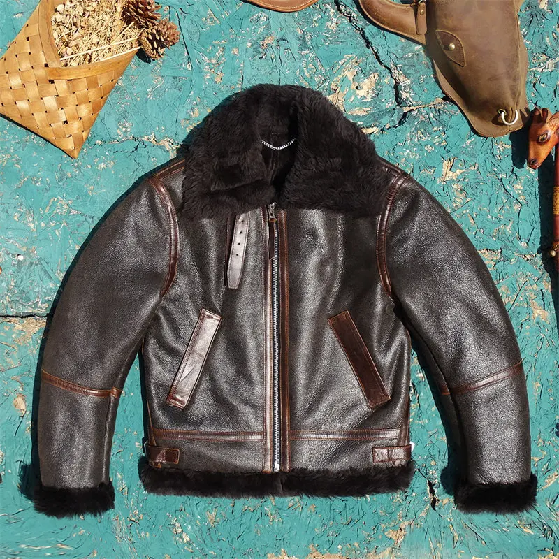 Men Black Brown B6 Flight Jacket Top Grain Sheepskin Shearling Warm Comfortable Coldproof genuine Leather Coat