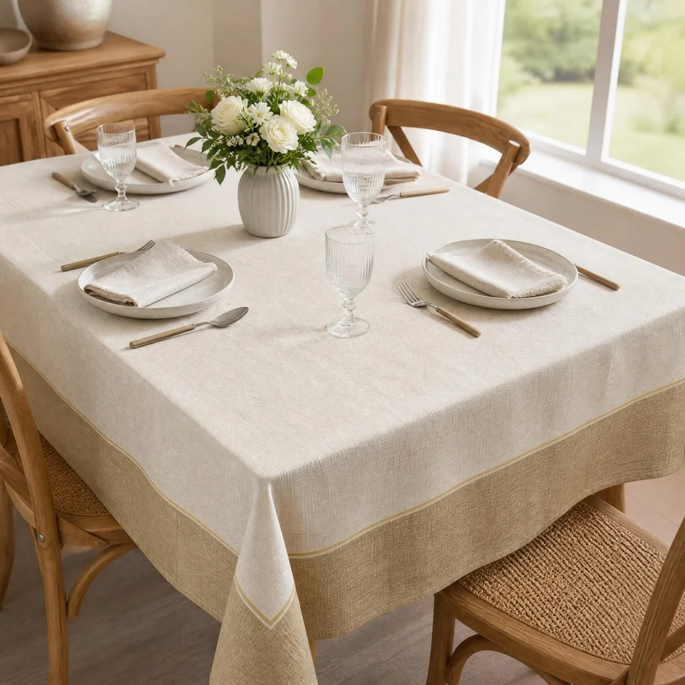 White Khaki Edge Spliced Tablecloth Multiple Sizes Soft Rectangular Table Linen for Daily Dining Kitchen Neutral Home Decoration