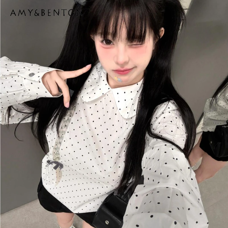 

American Retro Polka Dot Doll Collar Long Sleeve Women's Shirt Autumn New Design Loose Slimming Versatile Elegant Shirts Ladies