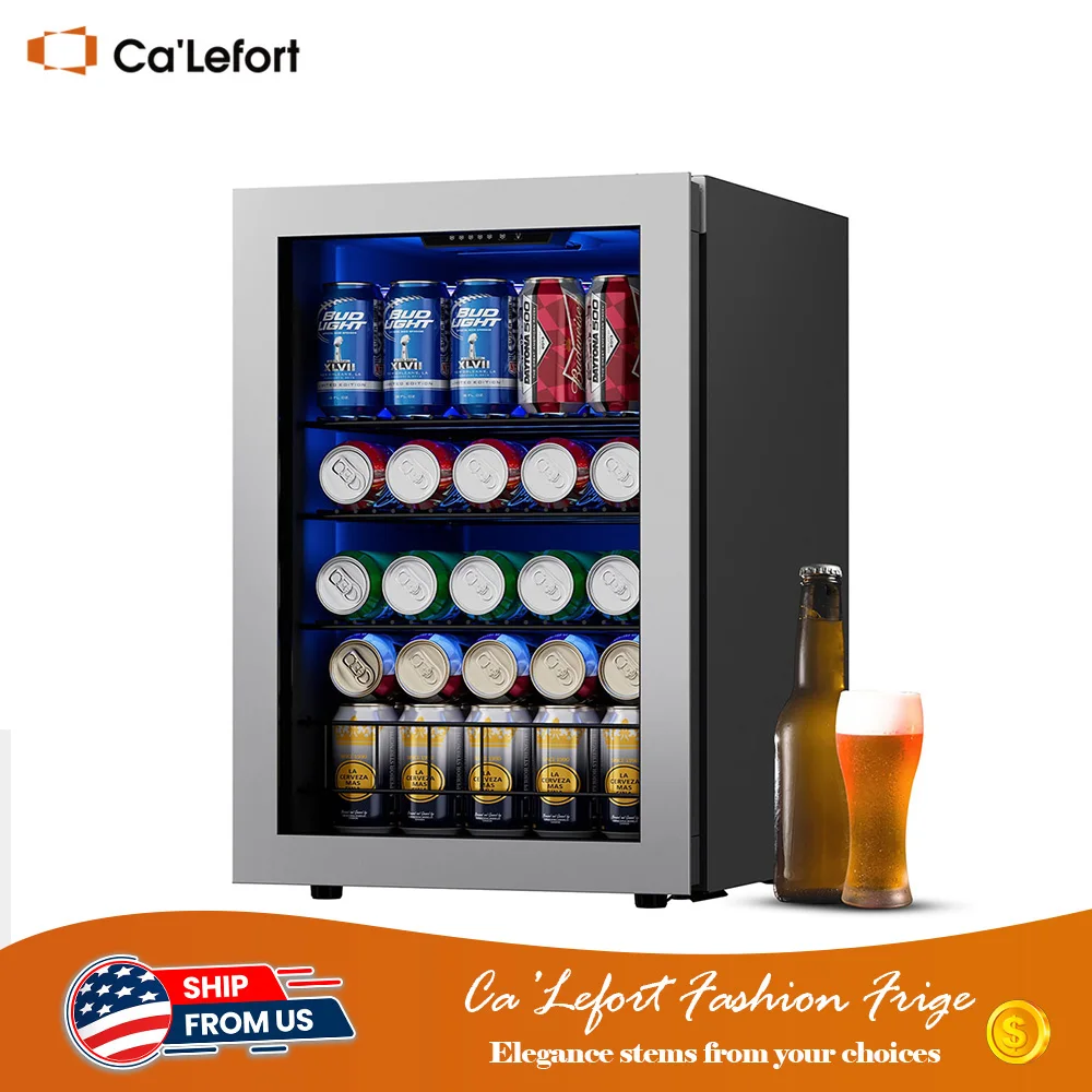 Ca'lefort  80 Can Freestanding Beverage Fridge Glass Door Mini Refrigerator & Cooler for Beer and Soda Ideal for Home or Kitchen