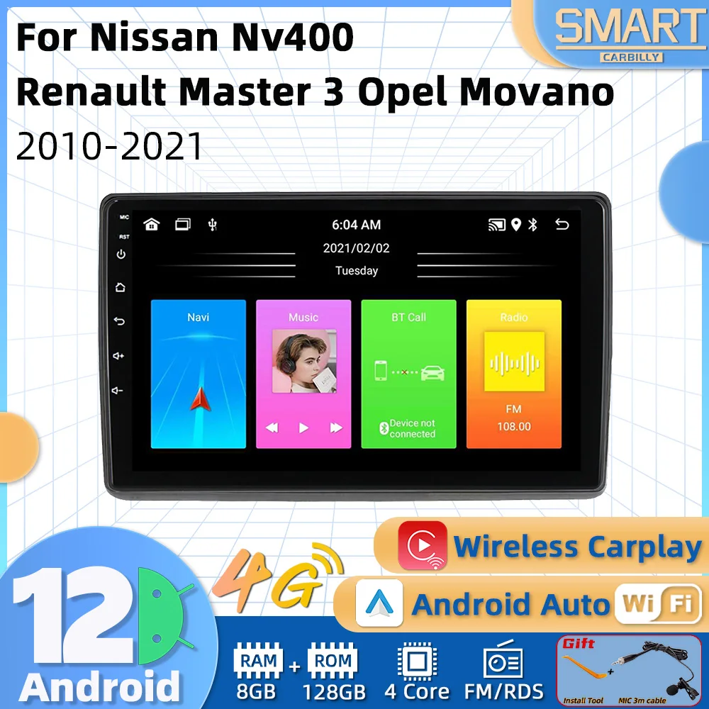 

Автомагнитола 2 Din, Android, мультимедиа для Nissan Nv400, Renault Master 3, Opel Movano 2010-2021, навигация Carplay, автостерео, GPS