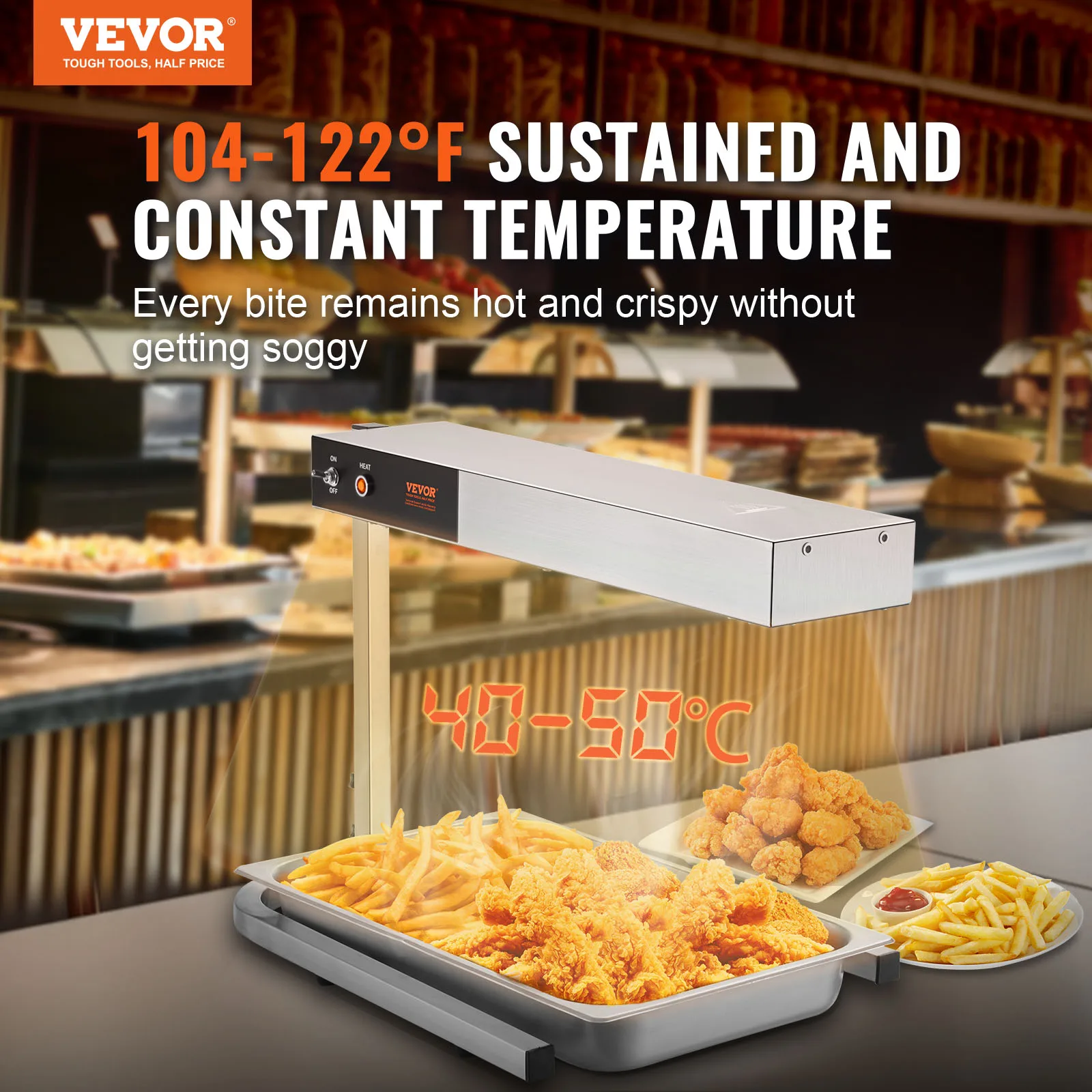 VEVOR French Fry Food Warmer, 750W Commercial Strip Food Heating Lamp, Countertop 104-122°F Fries Warmer for Chip Buffet Kitchen