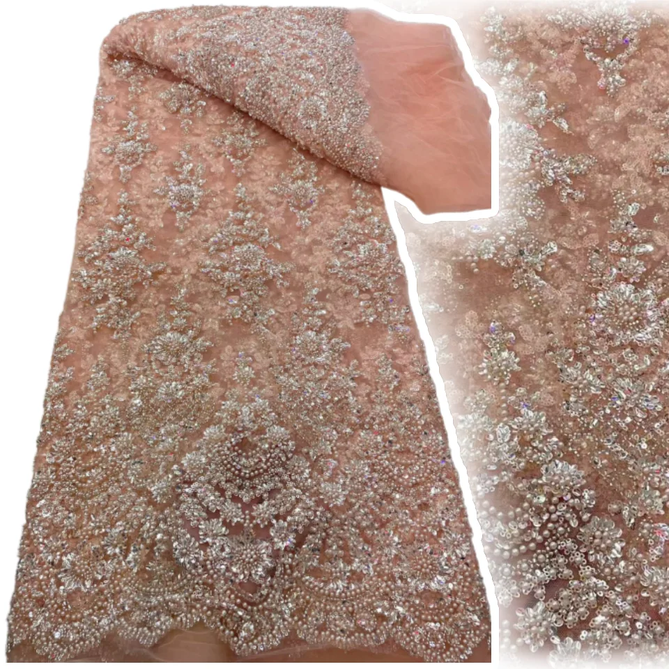 2026 Handmade Beaded Lace Fabric France Sequins Embroidery Beads Nigerian Bridal Mesh Lace Fabric for Party Dress Sewing 3368