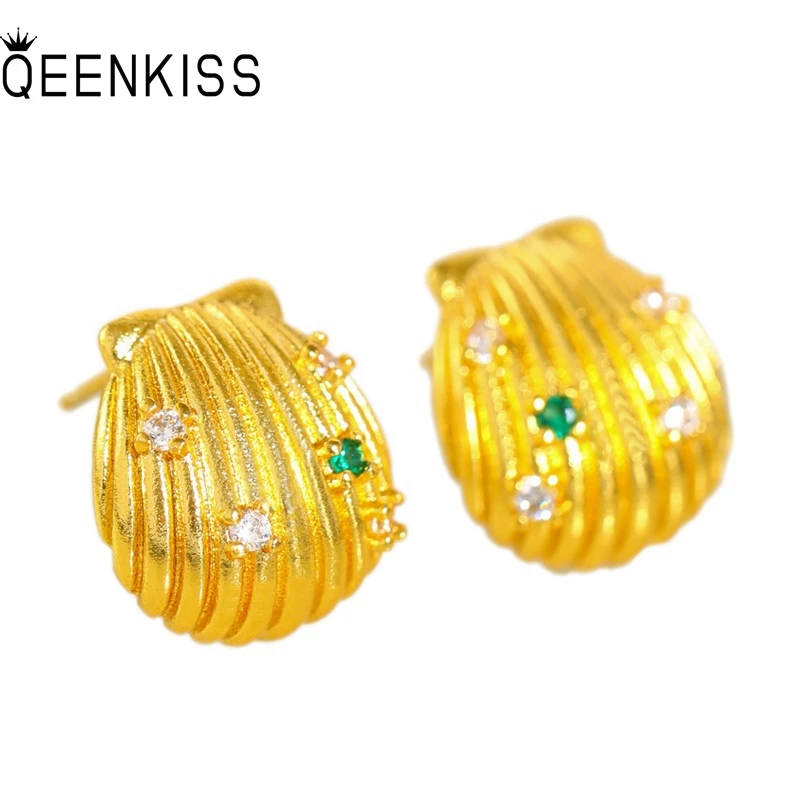 QEENKISS Gold Sea Shell Stud Earrings For Women Wedding Party Birthday Christmas Bride Mother Girlfriend Ladies Gifts EG5488