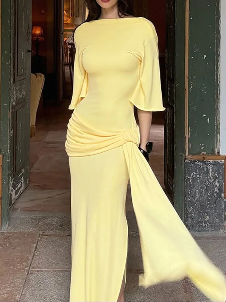 Vestido de fita longa decorativa em camadas sem costas elegante para mulheres