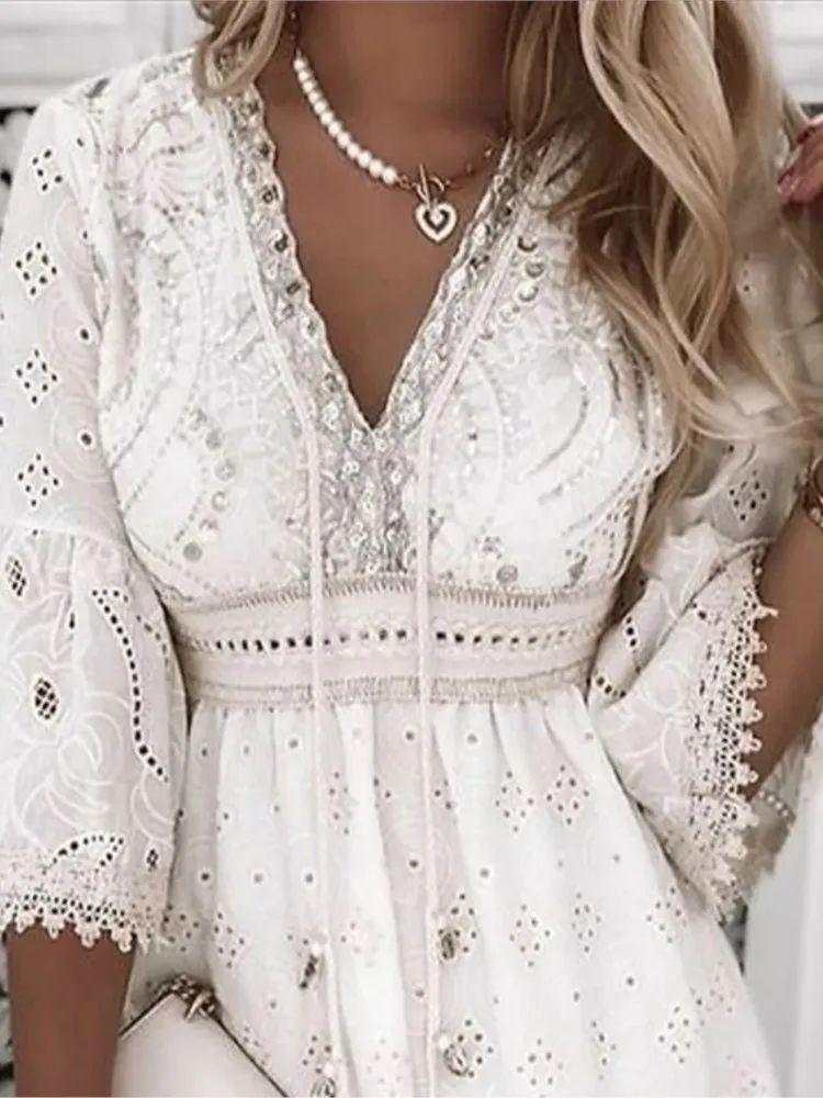 Elegant Women White Hollow Lace Mini Dress Summer V-neck Patchwork Lace Up Three Quarter Sleeve Ladies Vacation Beach Dresses