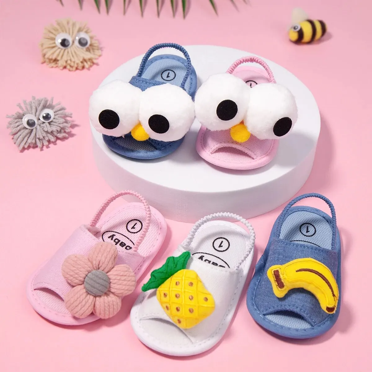 Meckior Summer Sandals Baby Boy Girl Shoes Fluff Baby Girl Slipper Animals Flower Anti-Slip First Walkers Crib Shoes