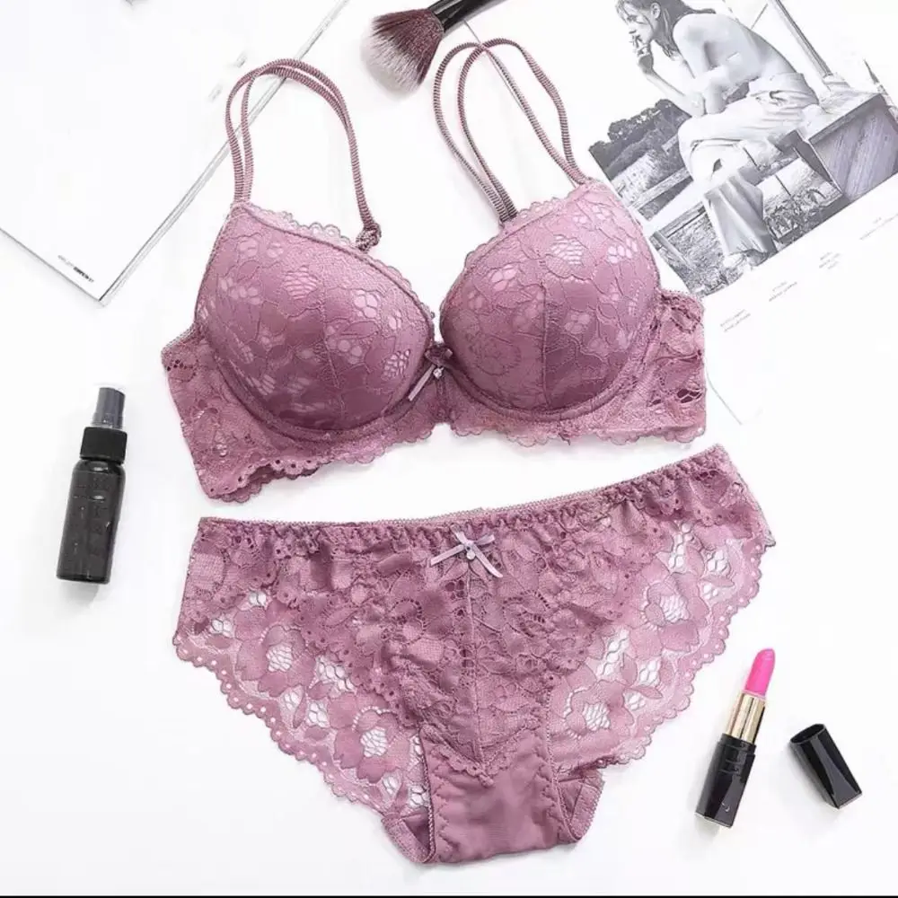 

Fashion Mesh Lace Flower Bra Low Waist Bowknot Bra Panties Set Lingerie Non Slip Push Up Bra Women Summer