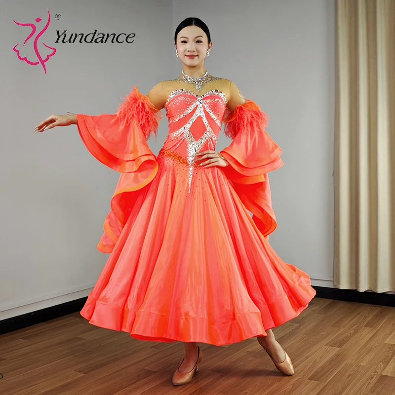 B-25093 Yundance حجر الراين وصول جديد القياسية الدولية قاعة الرقص فستان جودة عالية لهب فستان من الشيفون الساتان #2