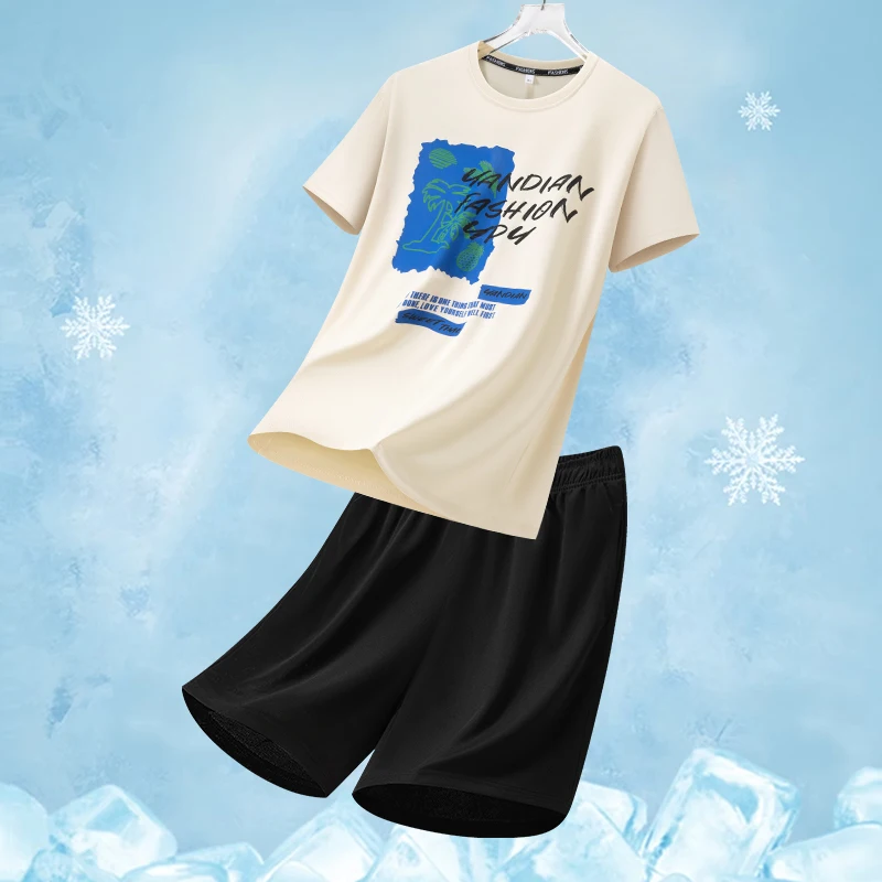 

Quick Dry Gradient T Shirts Sets Men Printed Ice Silk Sports Short Sleeve Tshirt Shorts Set Round Neck Men's Summer Tracksuit