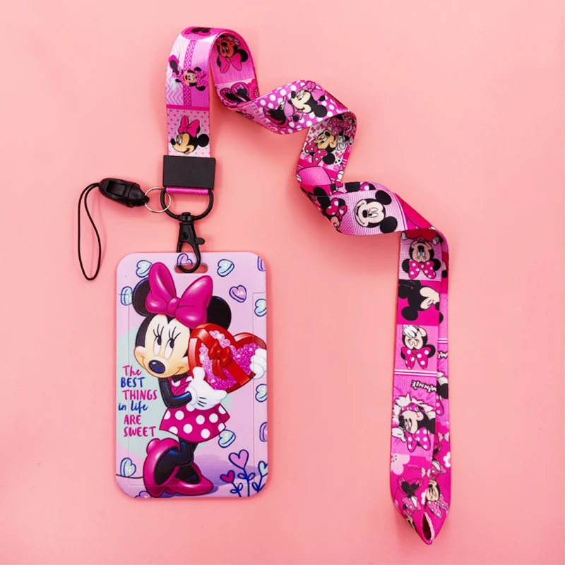 Disney Pink Lanyard ID Badge Holder Mickey Credit Card Case Neck Strap Minnie Card Holders Girl Credentials Accessories Keychain