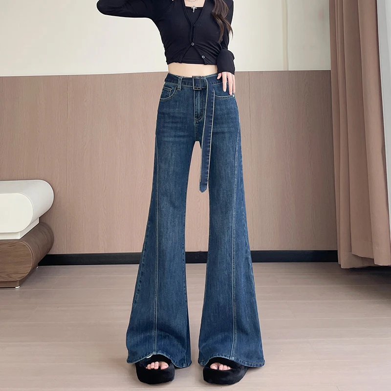 KSTUN Women's High Waisted Stretchy Flared Jeans Vintage Dark Blue Bell-bottom Denim Pants with Matching Belt 90s Y2K Streetwear