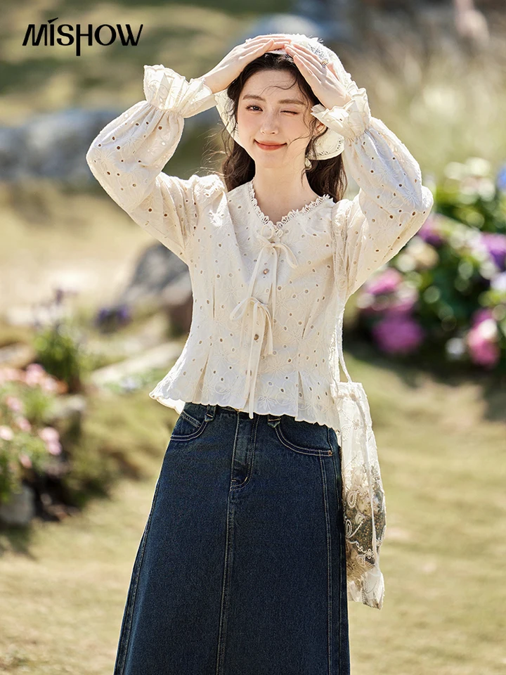 MISHOW Hollow Lace Shirt for Women Spring 2025 French Retro