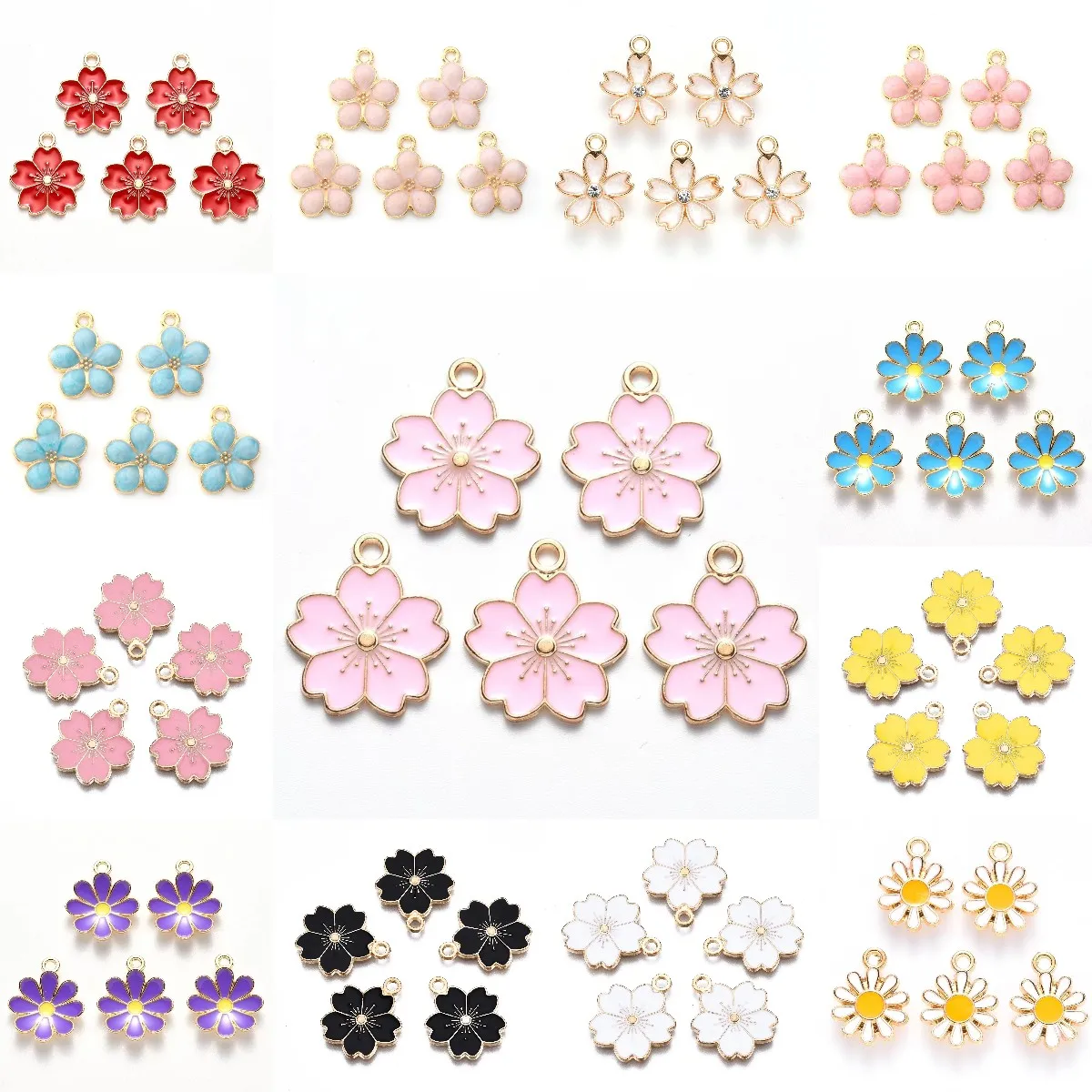 10Pcs Pink Sakura Flower Charms Alloy Enamel Pendants Charms for Jewelry Making Earrings Necklace Key Chains Jewelry Accessories