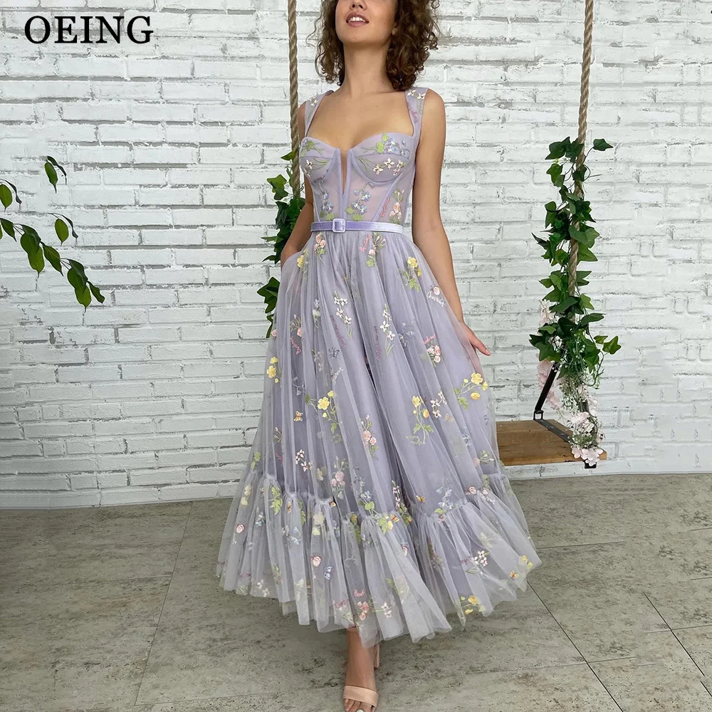 

OEING Lavender A Line Long Prom Dresses Sweetheart Spaghetti Strap Embroidery Tulle Evening Gowns Formal Wedding Party Dress