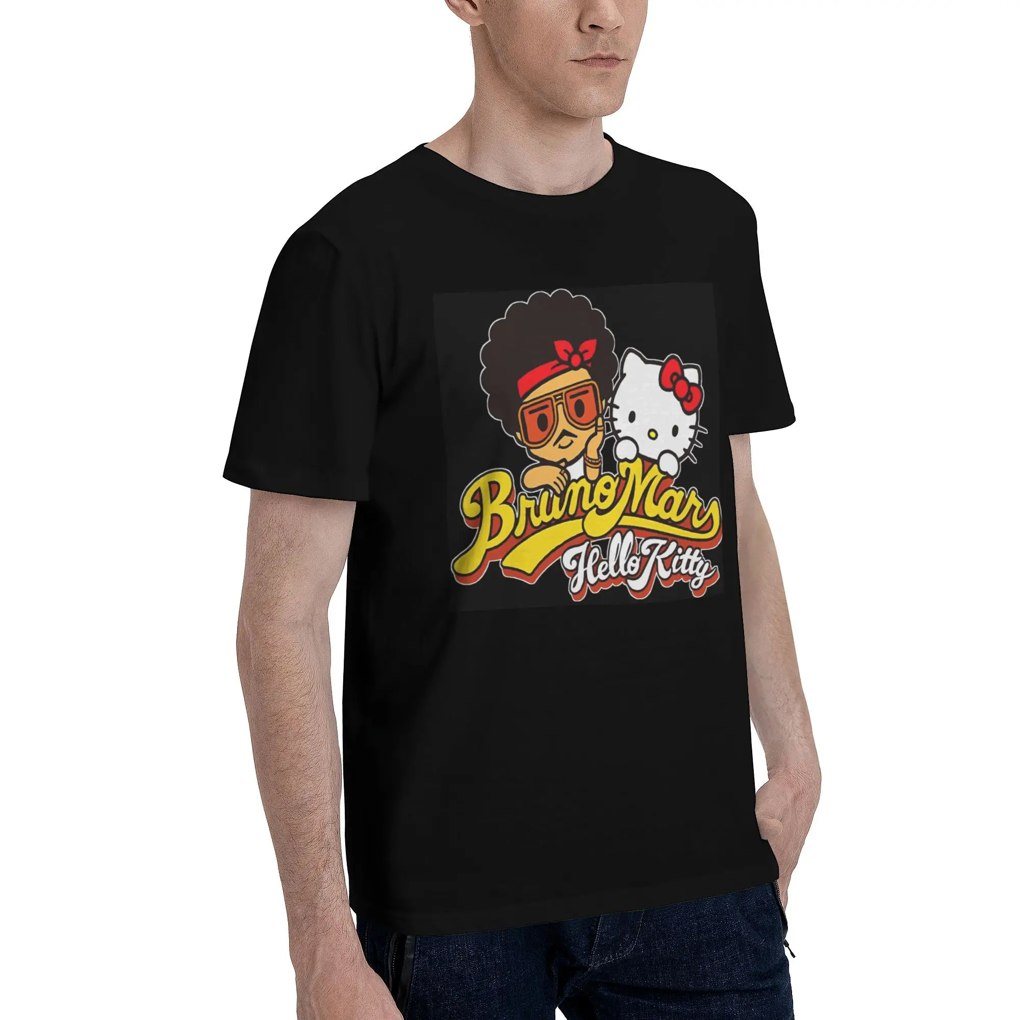 Men T-Shirts Bruno Mars Hello Kitty Novelty Pure Cotton Tees Short Sleeve  T Shirts O Neck Clothing Summer