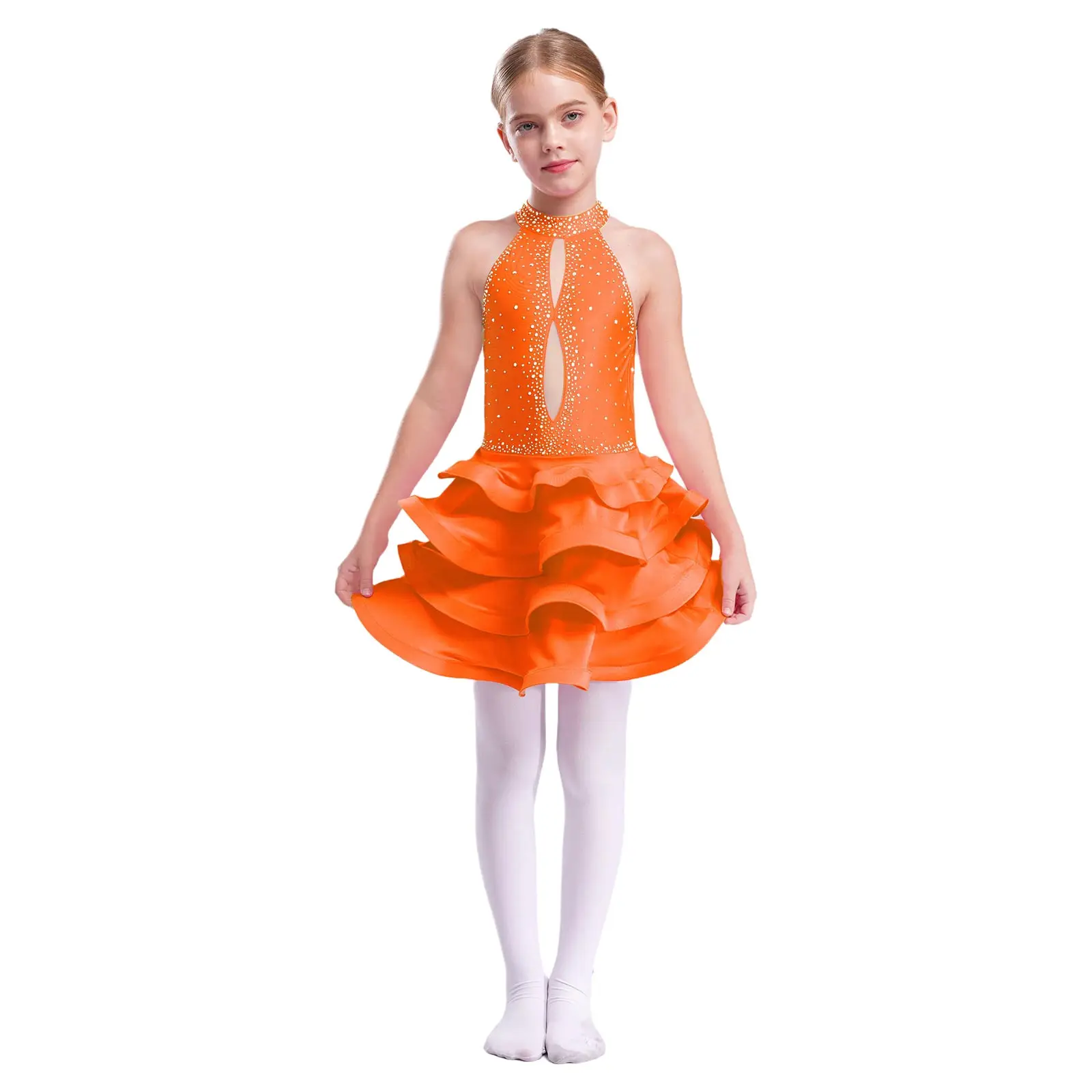 

Kids Girls Latin Tiered Dance Dress Jazz Tango Dance Performance Costume Sleeveless Backless Shiny Rhinestones Ballet Tutu Dress