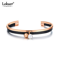Lokaer Titanium Stainless Steel Round Ball & White Pearl Charm Bracelets For Women Girls Trendy Black Leather Open Bangle B20071