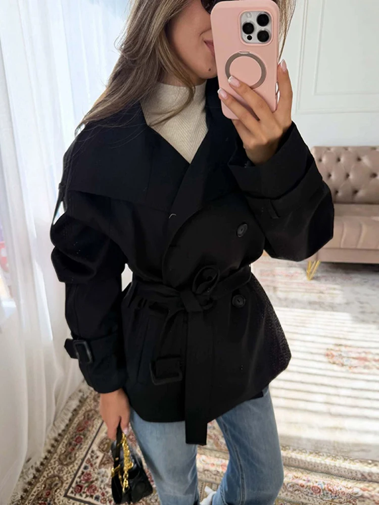 Elegant Belt Women's Short Trench Coat Stand Collar Long Sleeve Double Breasted Windbreaker 2026 Autumn Lady Commute Jacket 4