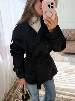 Elegant Belt Women's Short Trench Coat Stand Collar Long Sleeve Double Breasted Windbreaker 2026 Autumn Lady Commute Jacket 4