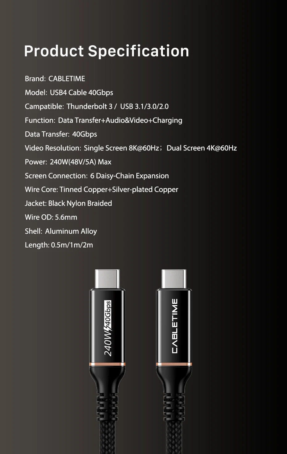 CABLETIME USB4-Kabel für Laptop, MacBook, Dock, 40 Gbit/s, unterstützt 8K, 60 Hz, PD240 W, schnelles Aufladen, Thunderbolt 3/4, USB 4.0, USB C zu C – Detail 15