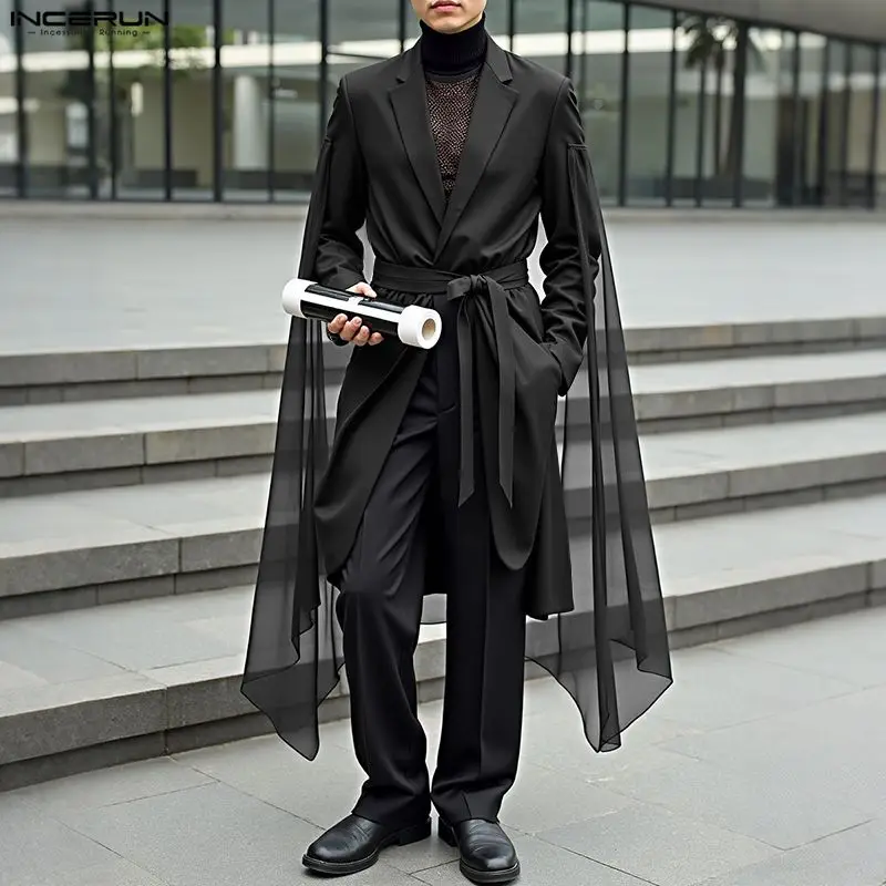 INCERUN Men Irregular Blazer Mesh Patchwork Lapel Long Sleeve Male Suit With Belt Streetwear Fashion Casual Long Style Thin Coat