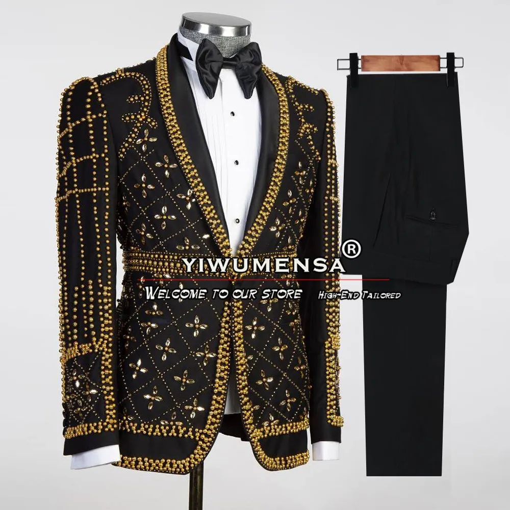 

Custom Groom Tuxedos Luxury Black Men Sutis For Wedding Handmade Crystal Beading Jacket Pants Set Fit Slim Male Fashion Clothing