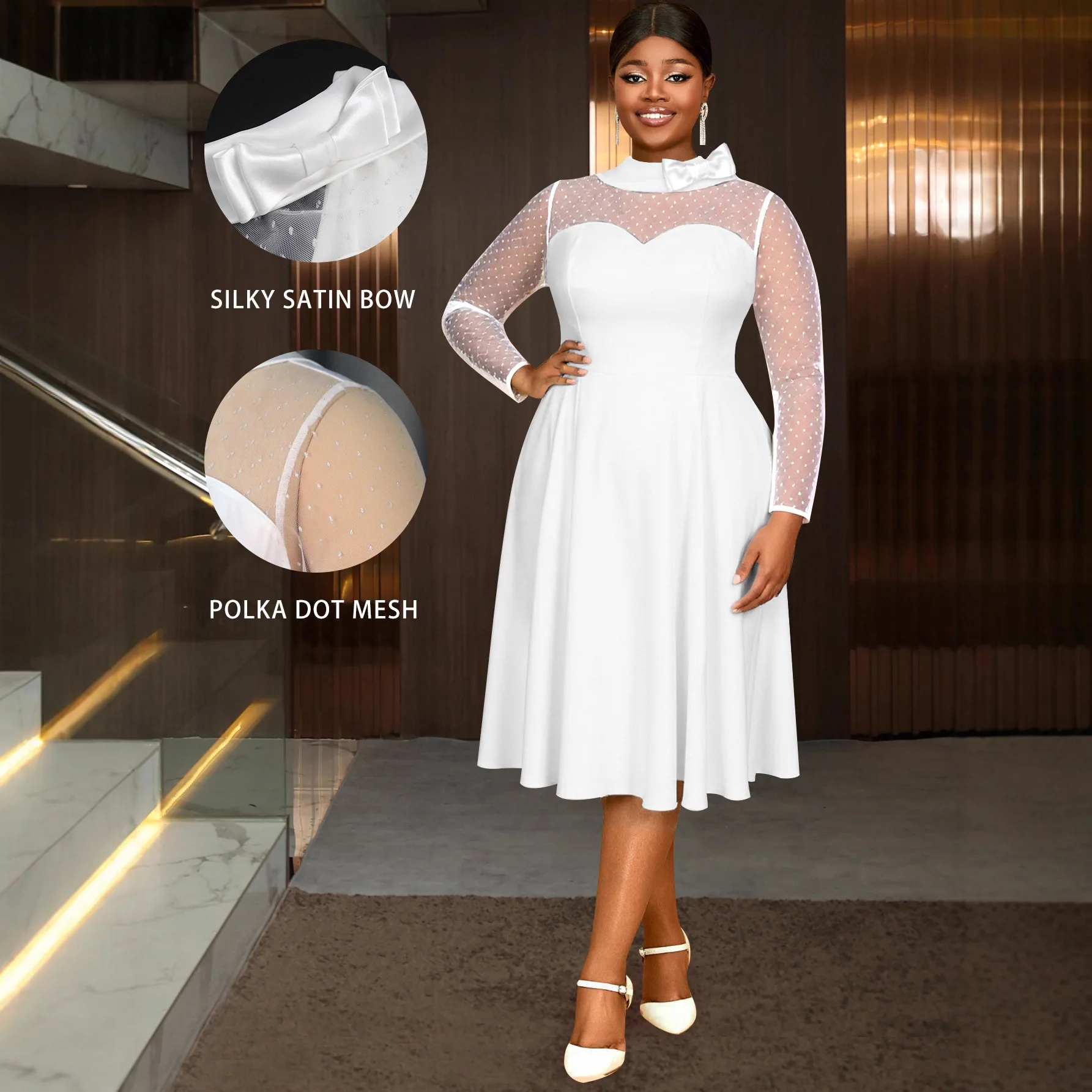 

Plus Size Women's White Dress Polka Dot Mesh Long Sleeve Patchwork Collar Satin Bow Elegant Party Gown Elegantes Casual Y2k