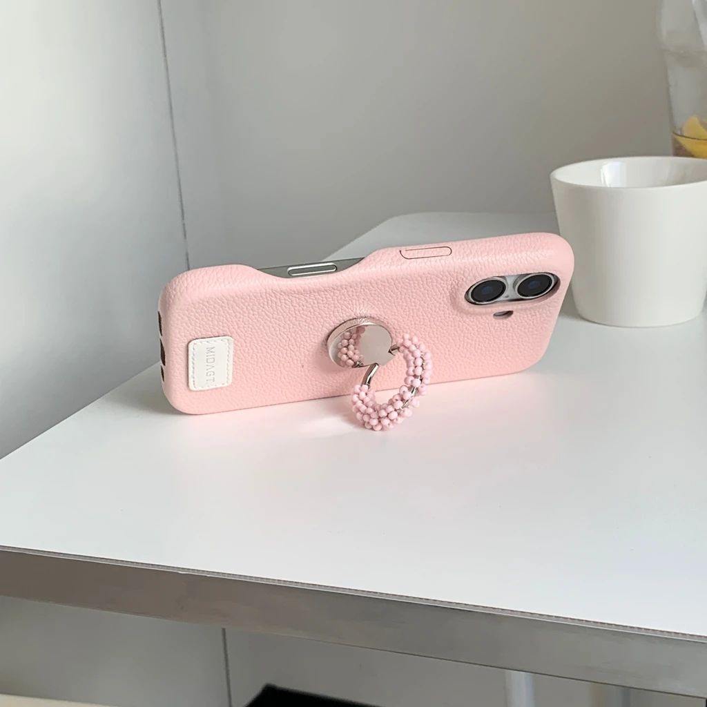 

Минималистичный однотонный кожаный чехол с узором личи и цветными бусинами на палец, чехол для телефона для iPhone 17, 16, 15, 14 Pro Max