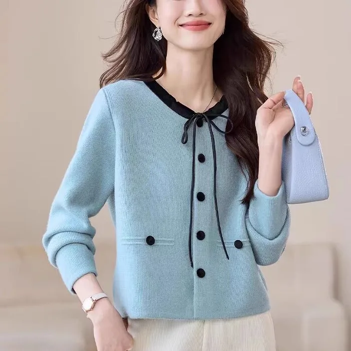 

Spring 2025 Women's Versatile Knitted Sweater ature Sweet Sle Cardigan Long Sve round Ne Polyde Fiber Series