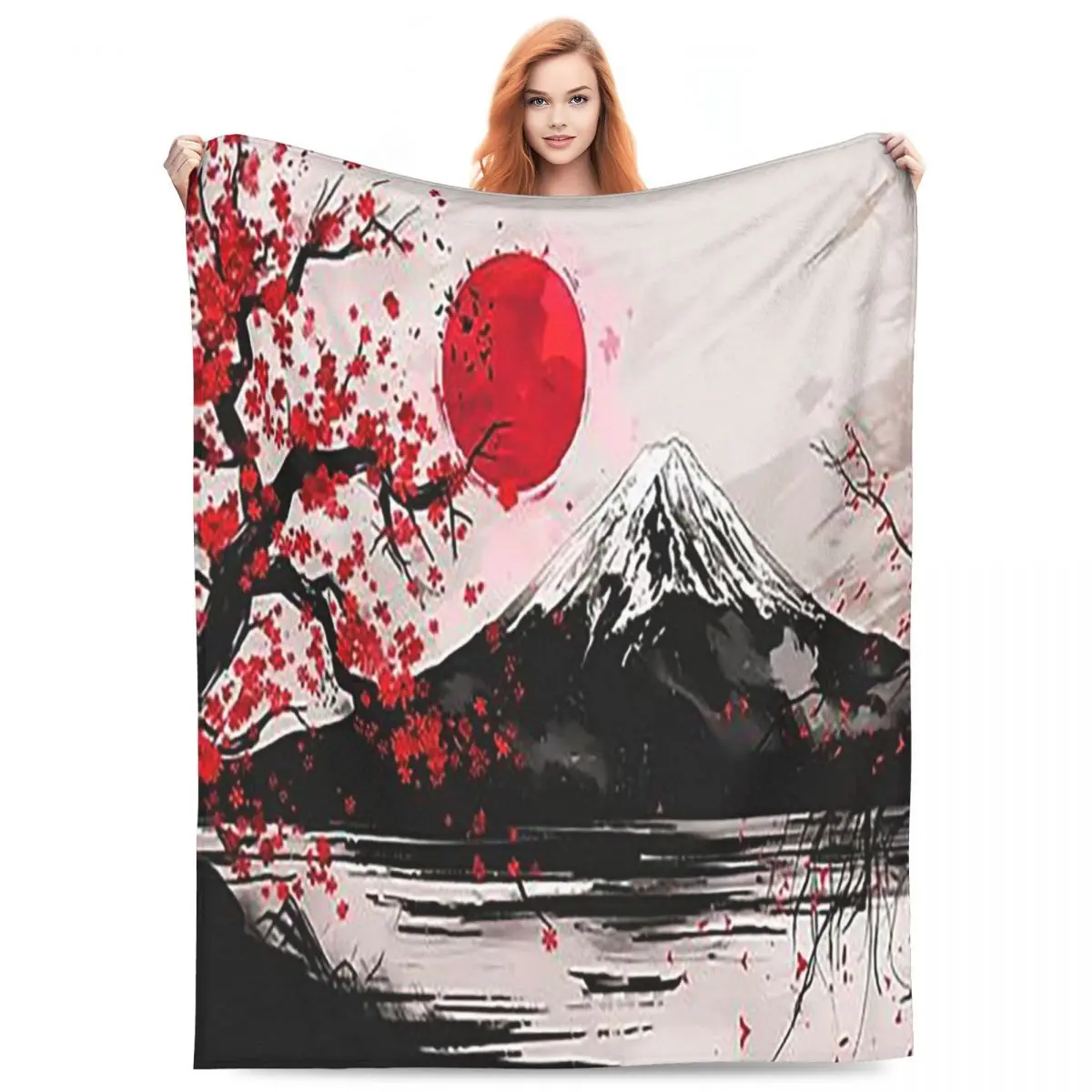 Japan Sakura Cherry Blossoms With A Red Rising Sun Blankets Flannel Sofa Throw Blanket Warm for Couch Bedding  Bedspread Quilt