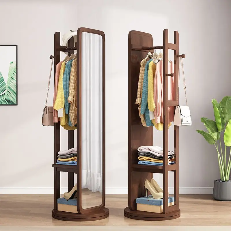 Solid wood rotating full-length mirror Hanging hanger integrated household vertical mirror Floor mirror