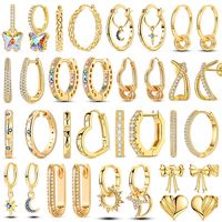 Gold Color Silver 925 Earring For Woman Round Sun Moon Heart Hoop Earring Original Jewelry