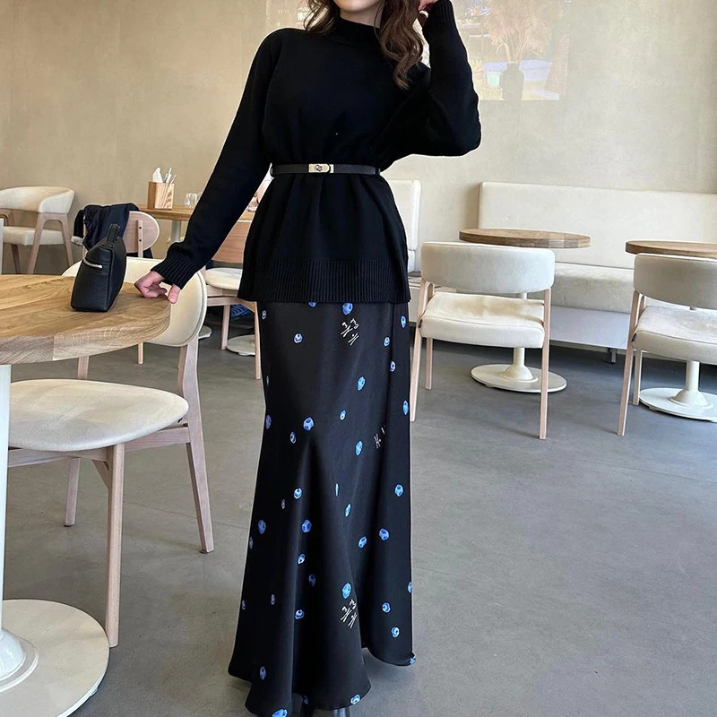 BKLD New Style Office Lady Skirt Suits All-match Pullover Loose Sweater+Printed Half Skirts With Belted Simple Trendy Streetwear