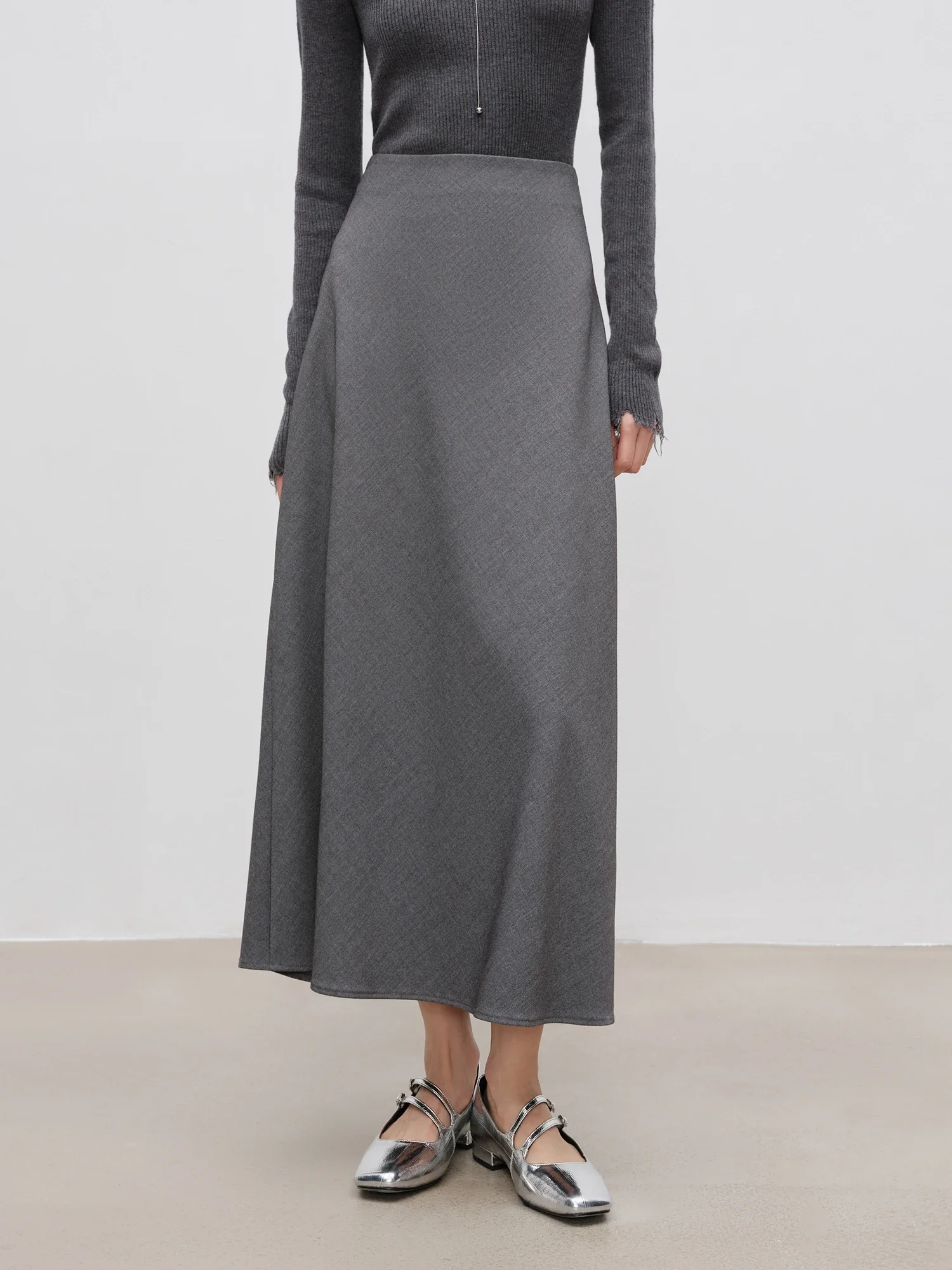 ZIQIAO 1.8% Wool High-waisted Gray Long Skirt Autumn Winter Women 2024 New Versatile Casual Elegant A Line Half-skirt 24ZQ94075