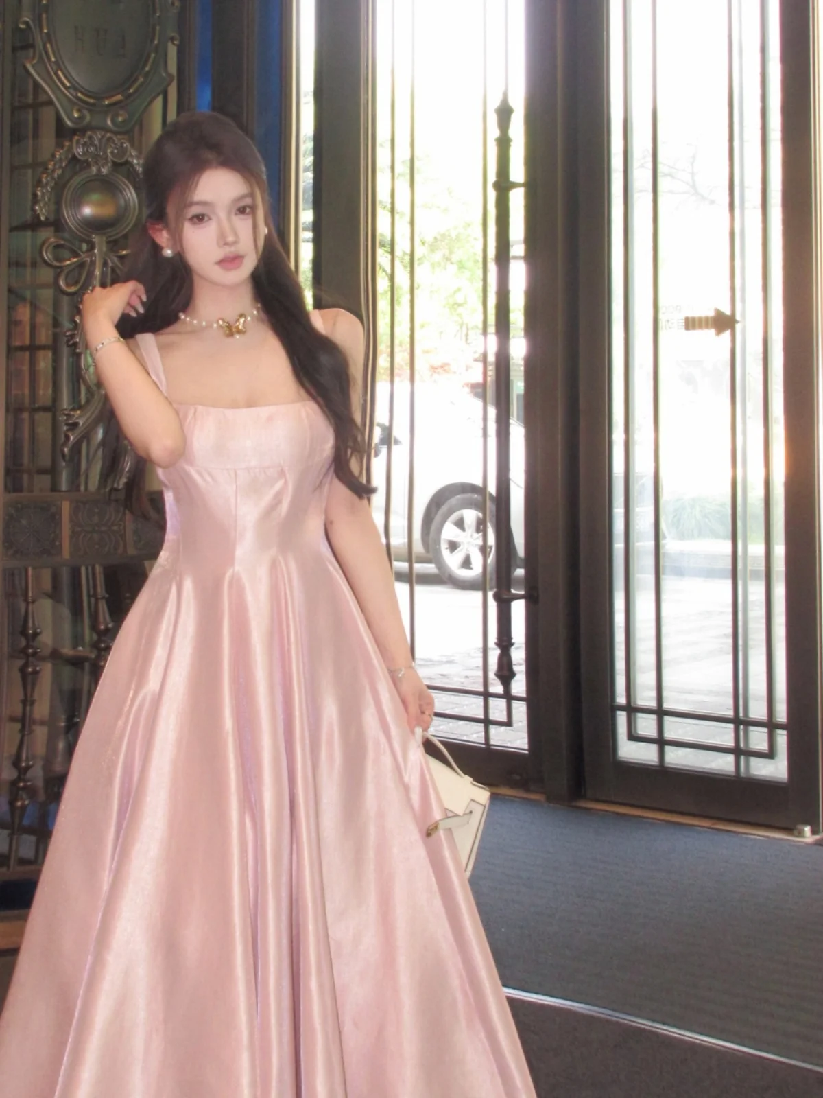 Princ Sle Pink Dr Glowing Heavy Satin Long Skirt Wealthy Misses Summer High Waist A-Line Gown No-Sve One-Piece