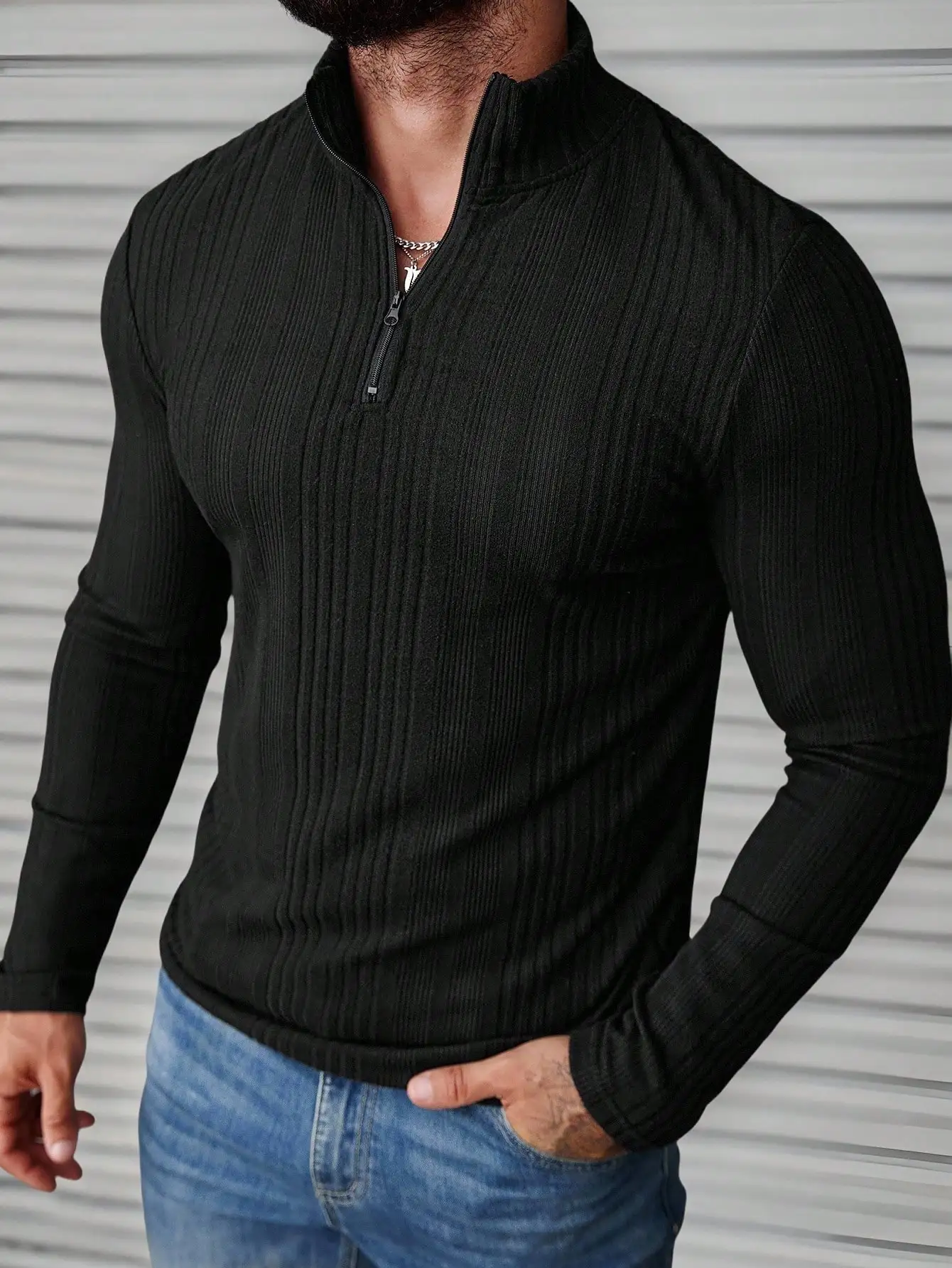 

Men's Ribbed Half Zip Long Sleeve T-Shirt for Casual, Outdoor & Semi-Formal Wear