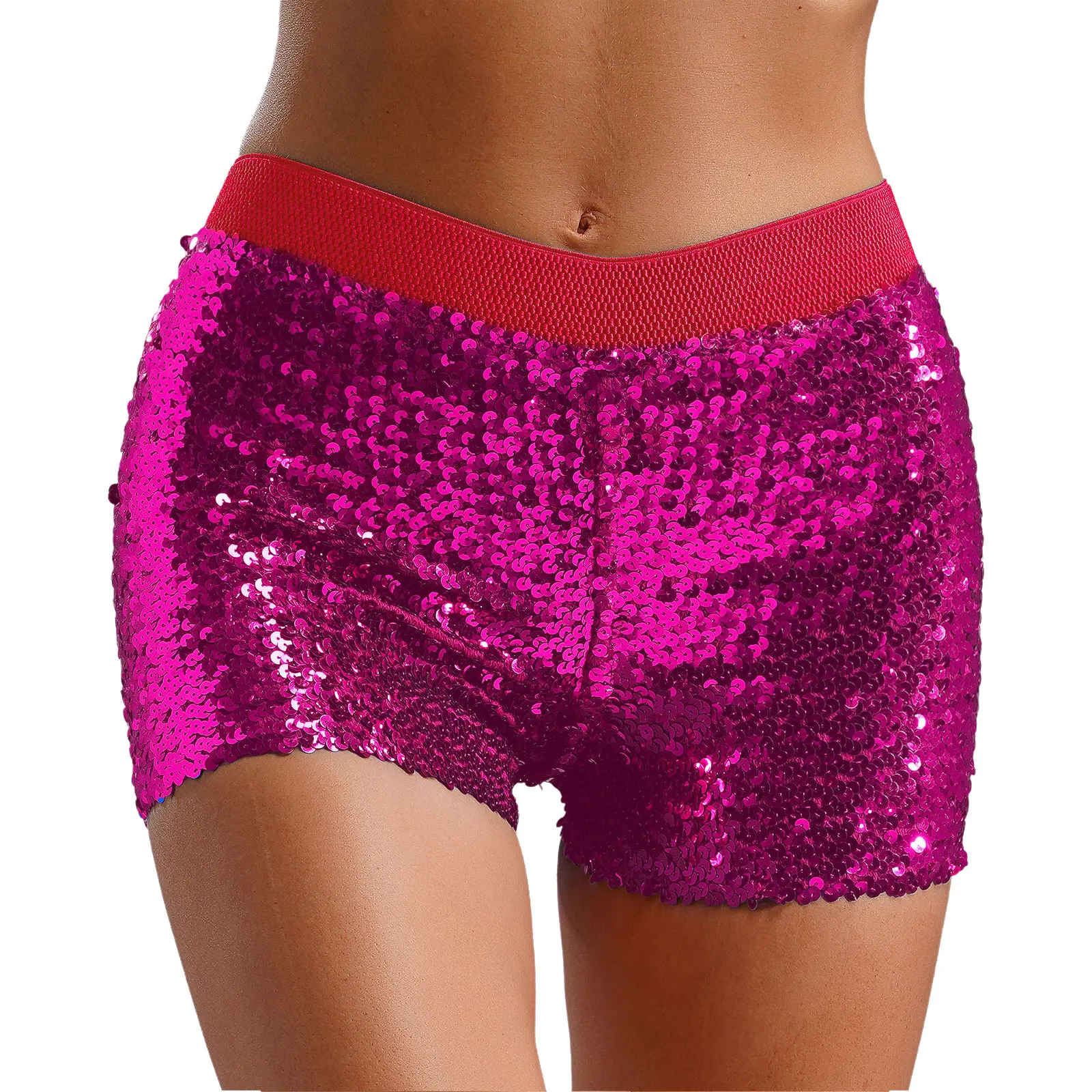 Pantaloncini da donna con paillettes lucide Pantaloni caldi Cintura elastica Pantaloncini a gamba dritta elasticizzati per Pole Dance Club Party Nightclubwear