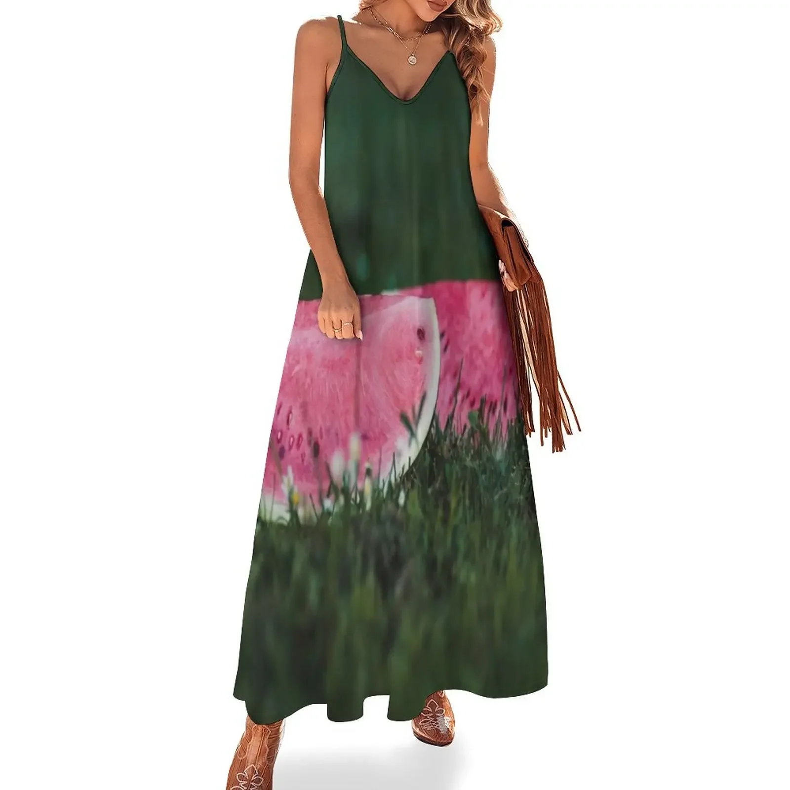 

DI COLLECTION -TWO PIECES OF WATERMELON ON GRASS Sleeveless Dress Women's summer skirt luxury woman evening dress