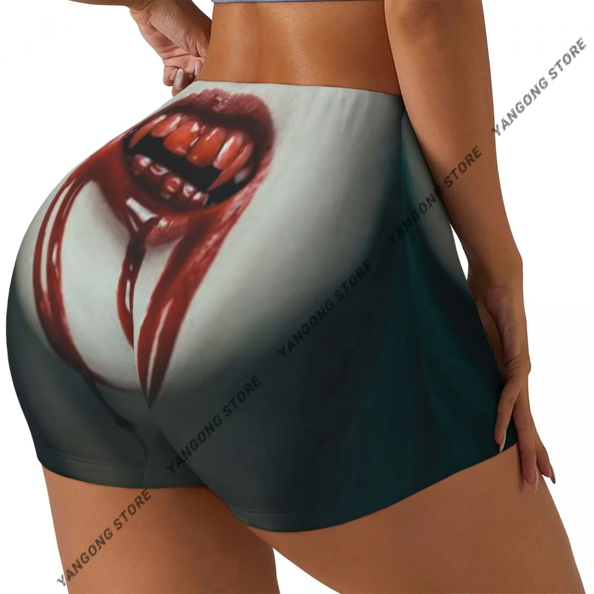 Spandex Yoga Shorts for Women Realistic Scary Vampire Woman Blood On Her Teeth Close Up Horrifying Image Workout Booty Shorts