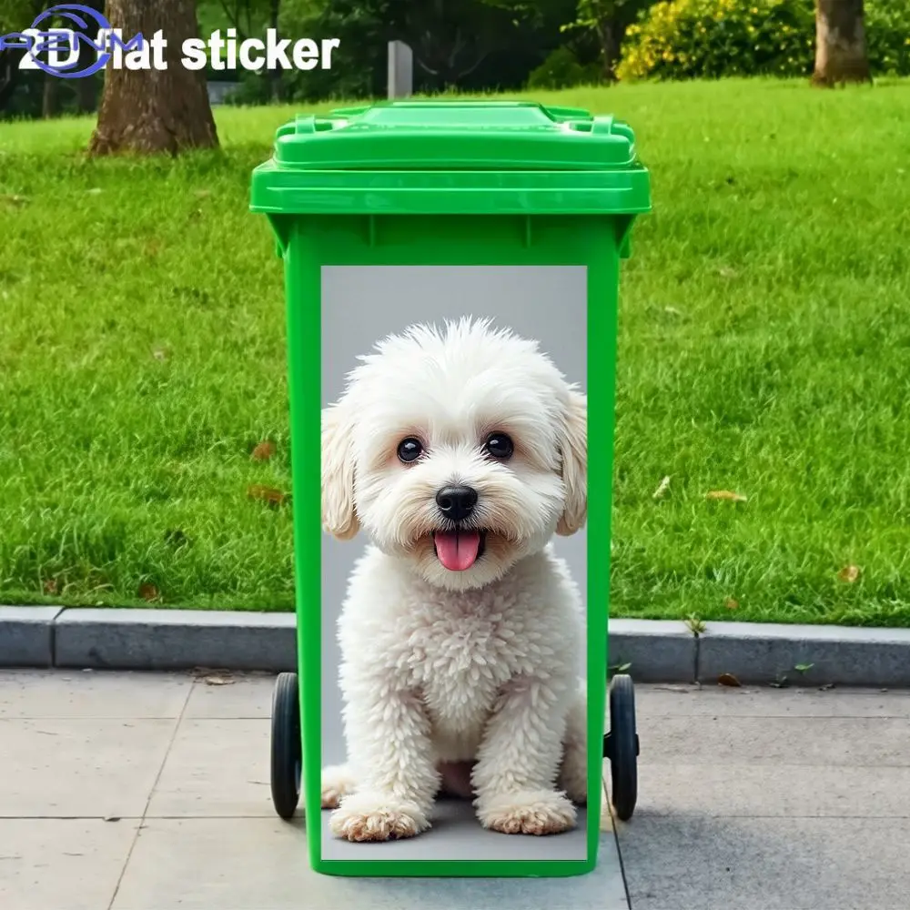 A 2D Sticker Featuring a Cute White Curly-Haired Dog for Trash Bins, Made of Waterproof PVC. It'S a Self-Adhesive Decorative S