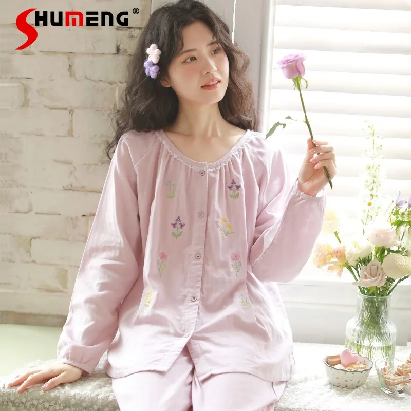 Spring Autumn Sweet Pajamas for Women Pure Cotton Gauze Long Sleeve Air Conditioning Clothes Female Wearable Homewear Set