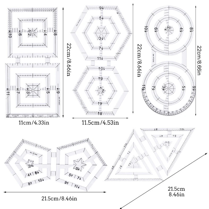 1Pc Acrylic Transparent Patchwork Rules Sewing Parts Twin Ruler Double-Pentagon Double Circle Ruler Sewing Measuring Supplies