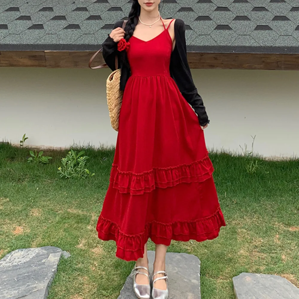 Retro francês babados borda nicho vermelho halter vestidos para mulheres chique magro em camadas vestidos cor sólida mori-girl estilo saia de verão