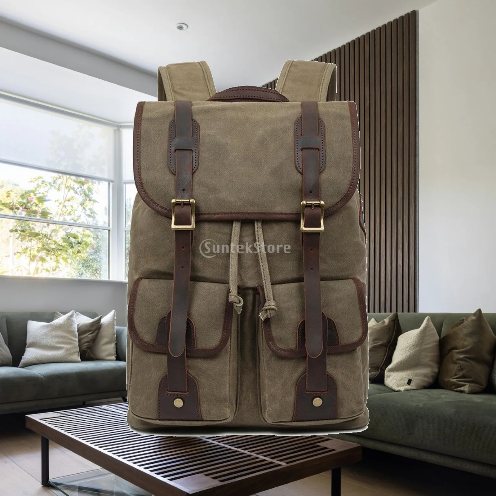Anti Scratch Oil Wax Canvas Rucksack for Daily Use Travel Backpack with Drawstring Flap Design and 15 Inch Laptop Fit