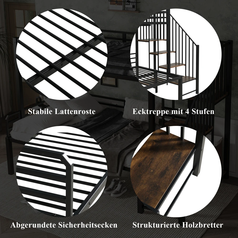 PINGGO Eisen-Etagenbett für Kinder und Jugendliche mit Stauraum-Eckschrank, Eisen & MDF, Schwarz Vintage-Holz, 90x200cm 120x200cm, ohne Matratze – Detail 7