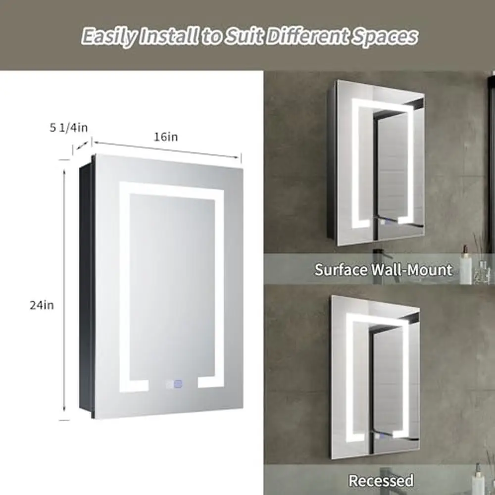 LED Lighted Bathroom Medicine Cabinet Mirror Dimming Defogging Recessed Surface Mounted Black IP44 Waterproof Aluminum 110° Soft